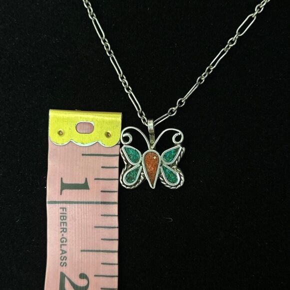 Vintage Sterling Silver 925 Butterfly Turquoise and Coral Chip Pendant 19” Chain - Picture 4 of 6